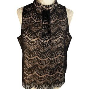 Black Lace Sleeveless Top Nude Illusion Holiday Blouse XL Sexy Haute Monde